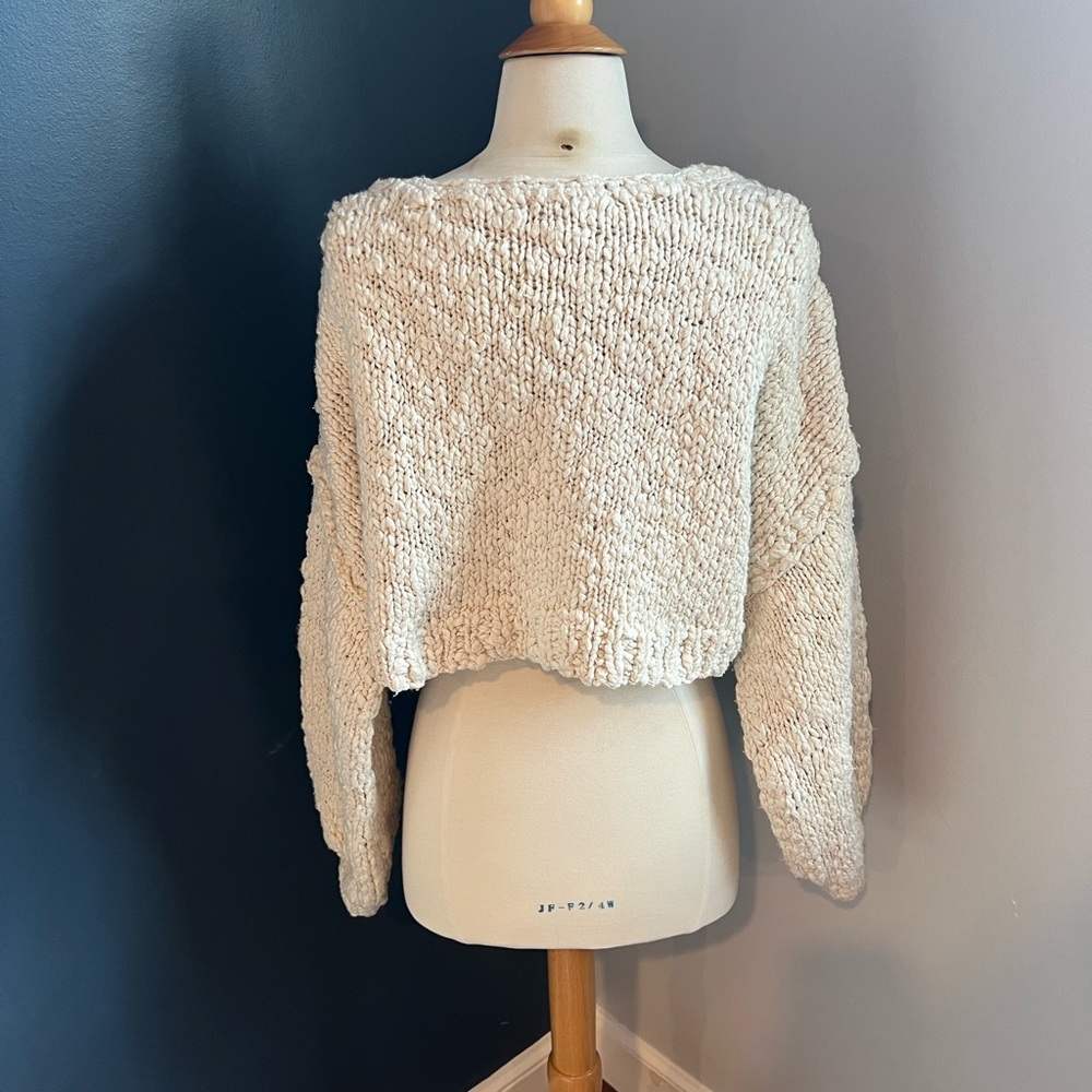Pilcro Anthropologie Cropped Chunky Knit Sweater Cream Balloon Sleeve Small - Picture 6 of 8